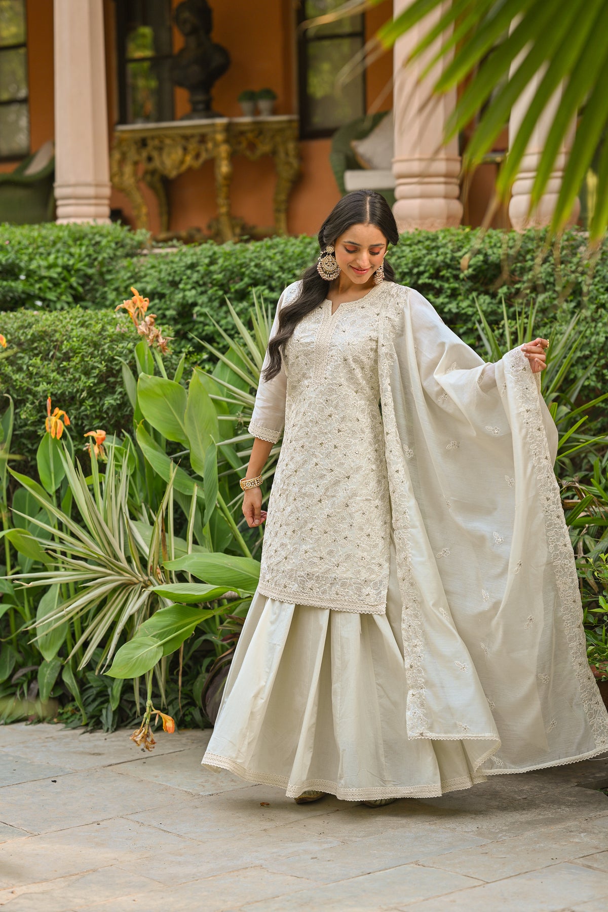 Off White Thread Embroidered With Lace Chanderi Kurta Skirt Set