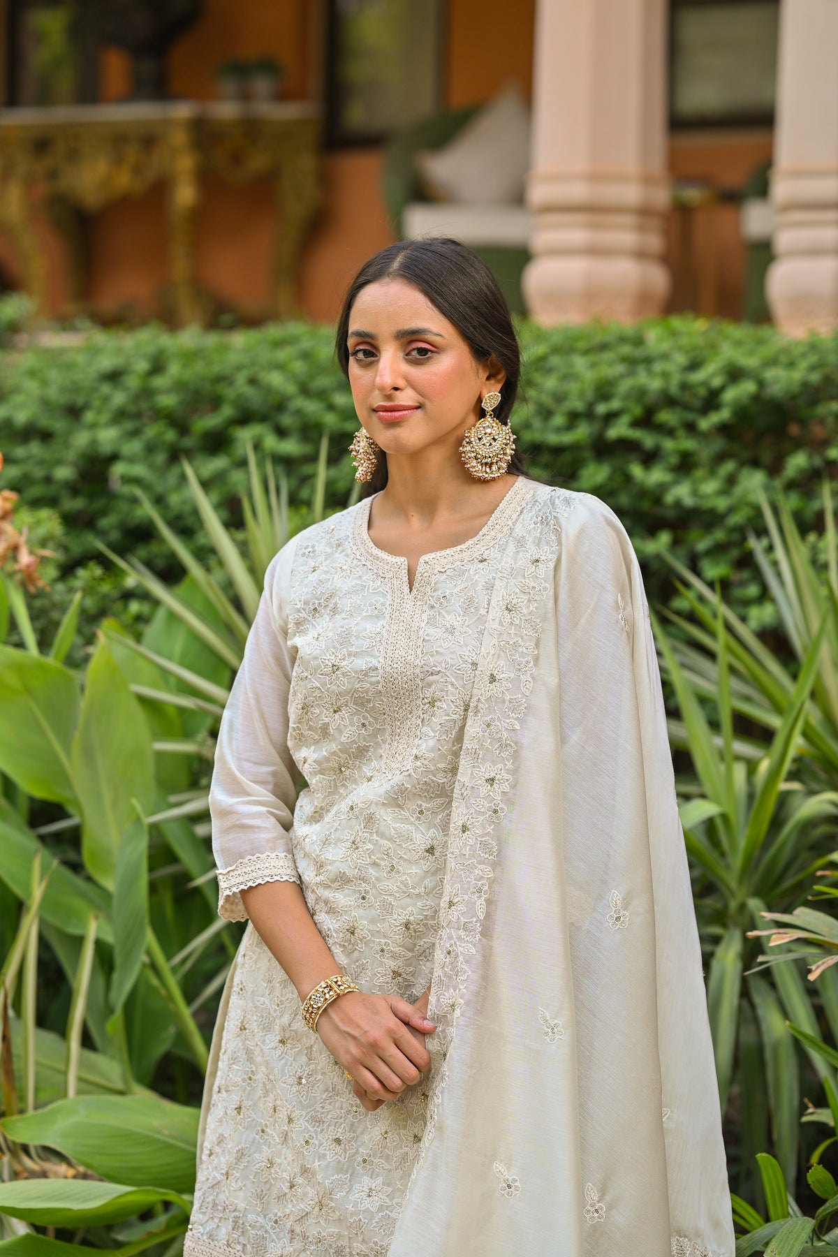 Off White Thread Embroidered With Lace Chanderi Kurta Skirt Set