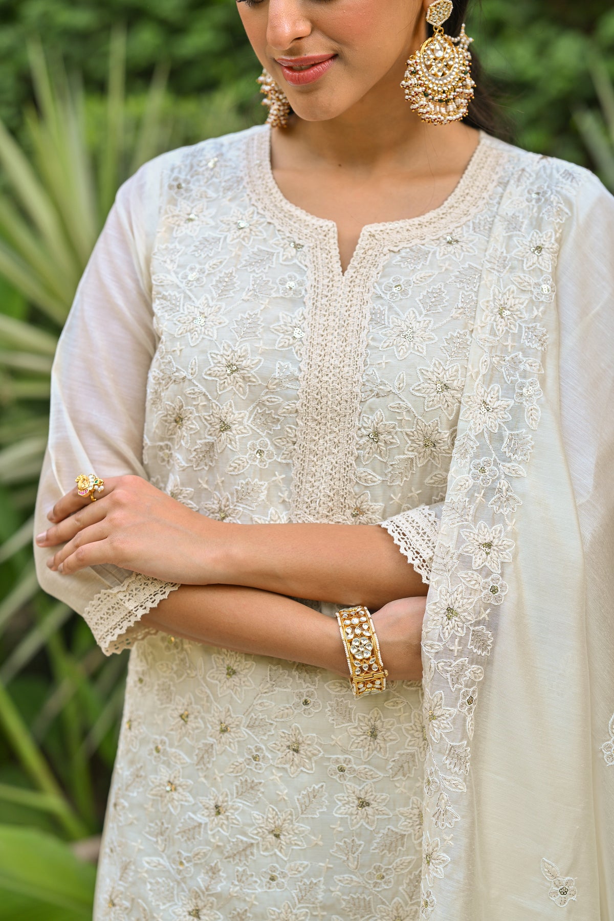 Off White Thread Embroidered With Lace Chanderi Kurta Skirt Set