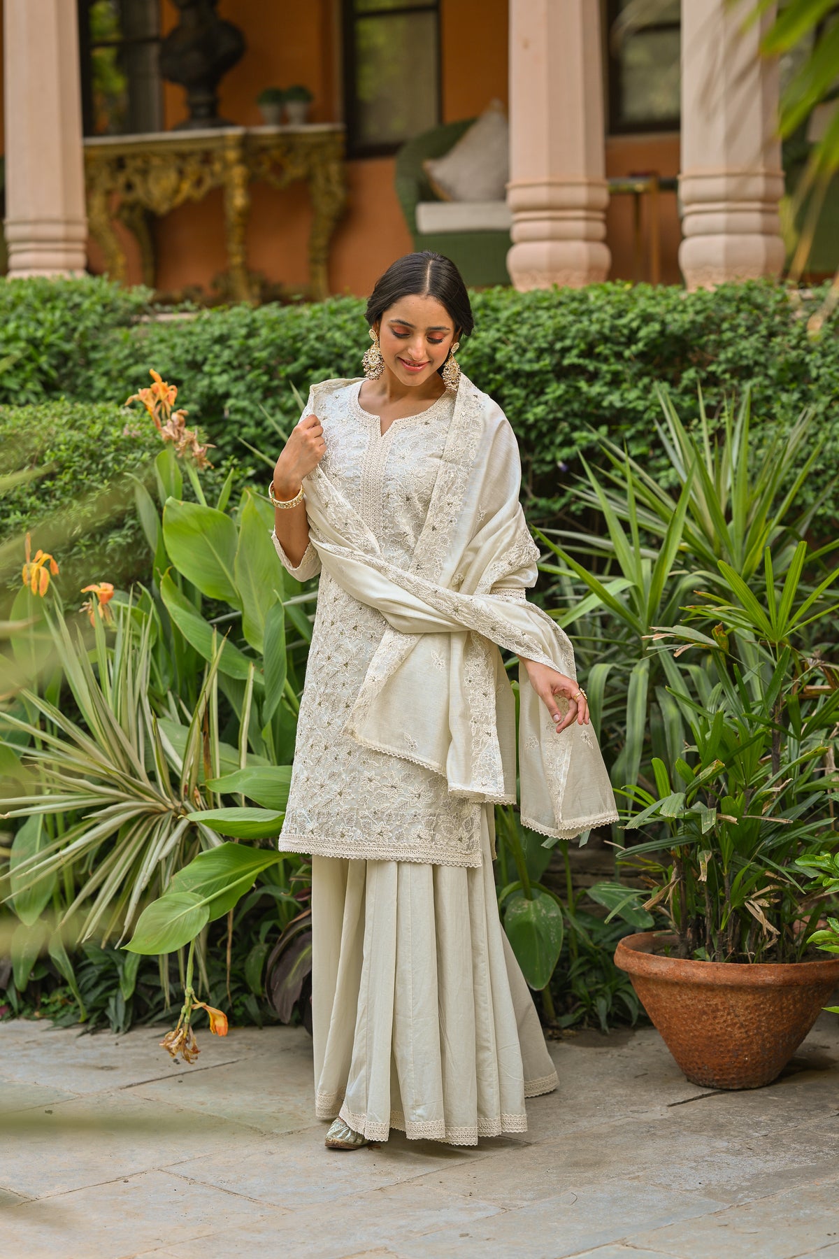 Off White Thread Embroidered With Lace Chanderi Kurta Skirt Set
