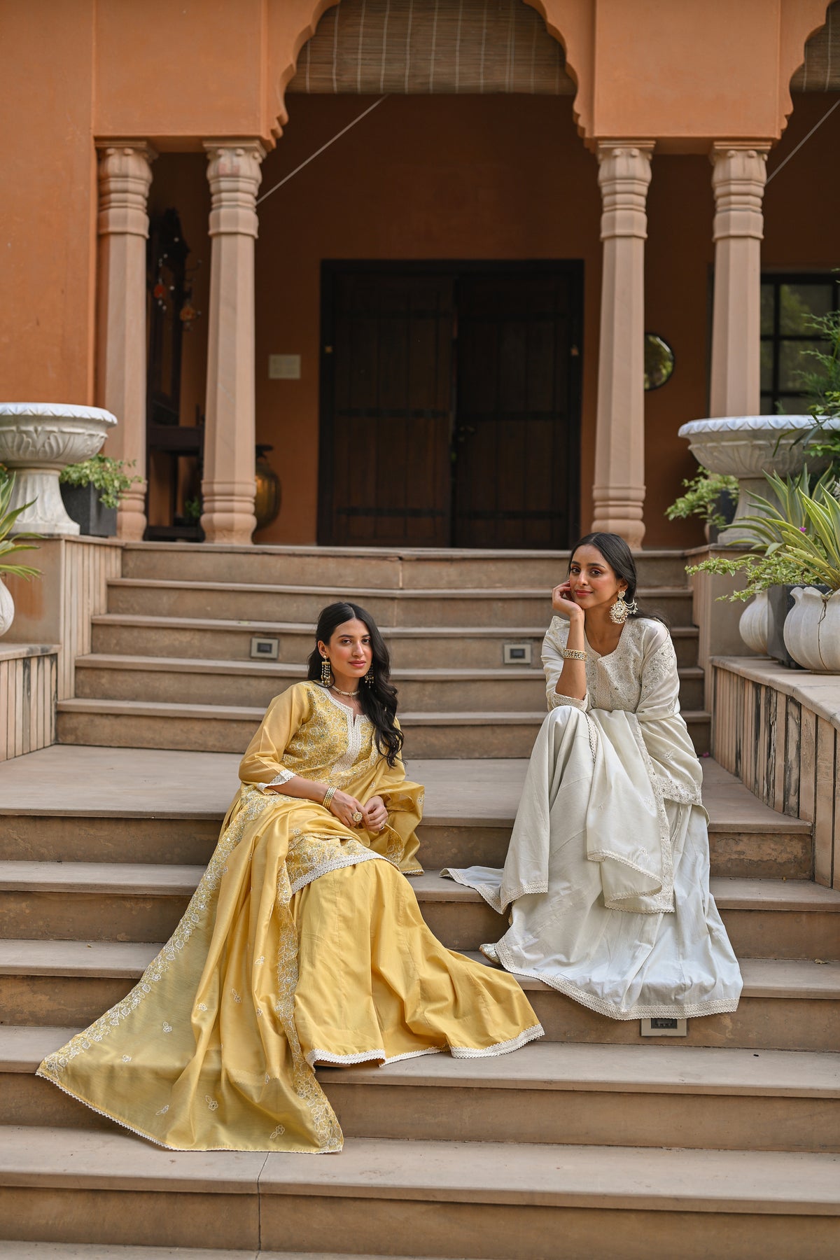 Yellow Thread Embroidered With Lace Chanderi Kurta Skirt Set