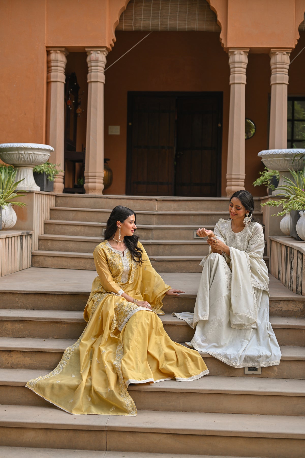 Yellow Thread Embroidered With Lace Chanderi Kurta Skirt Set