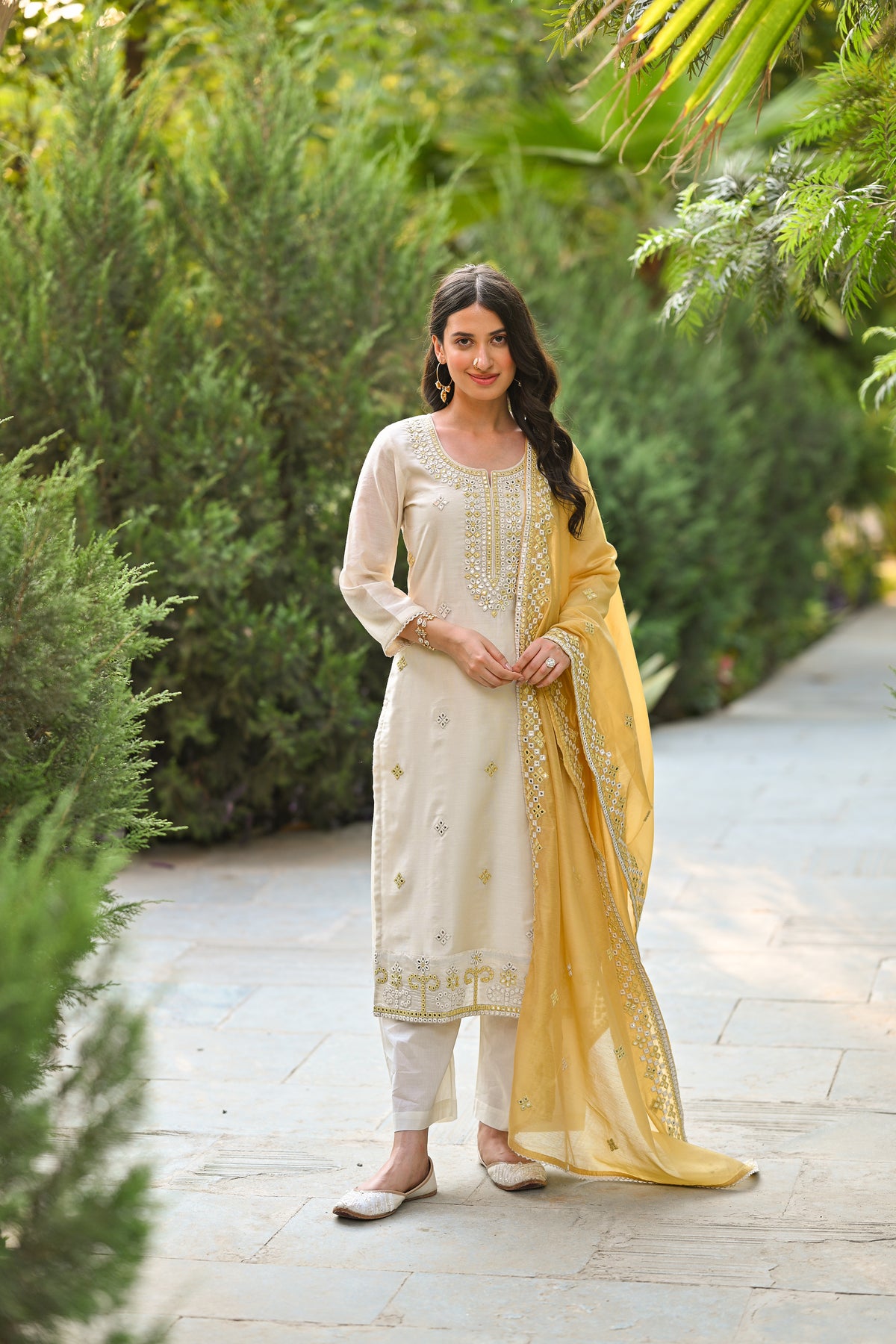 Off White Aarzoo Chanderi Suit Set with Mirror and Thread Work and Yellow Dupatta