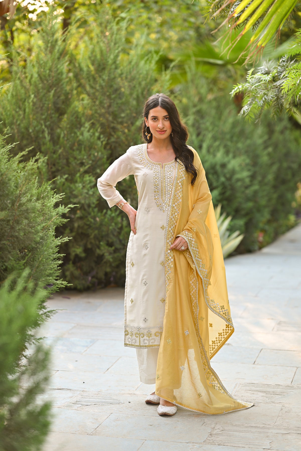 Off White Aarzoo Chanderi Suit Set with Mirror and Thread Work and Yellow Dupatta
