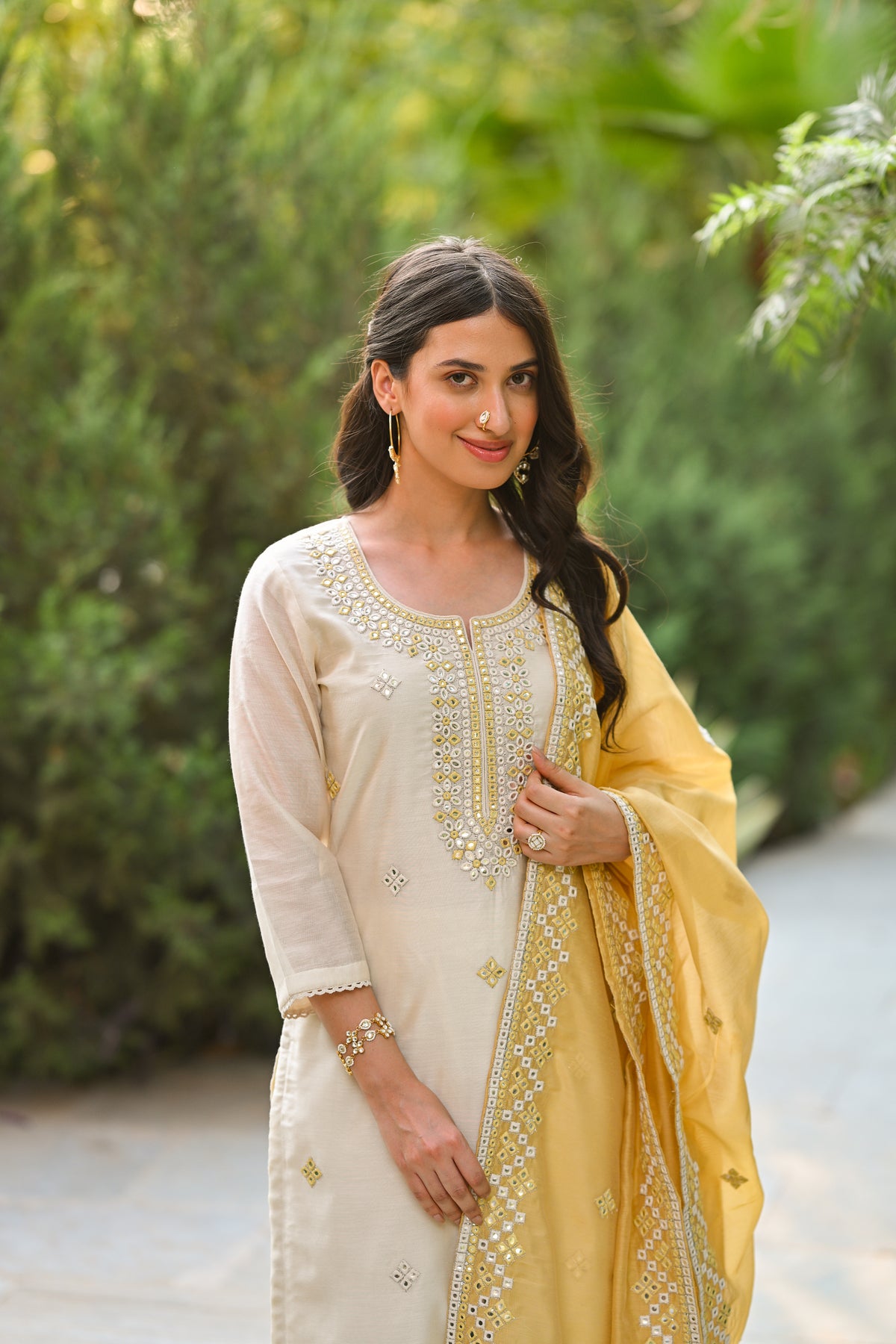 Off White Aarzoo Chanderi Suit Set with Mirror and Thread Work and Yellow Dupatta