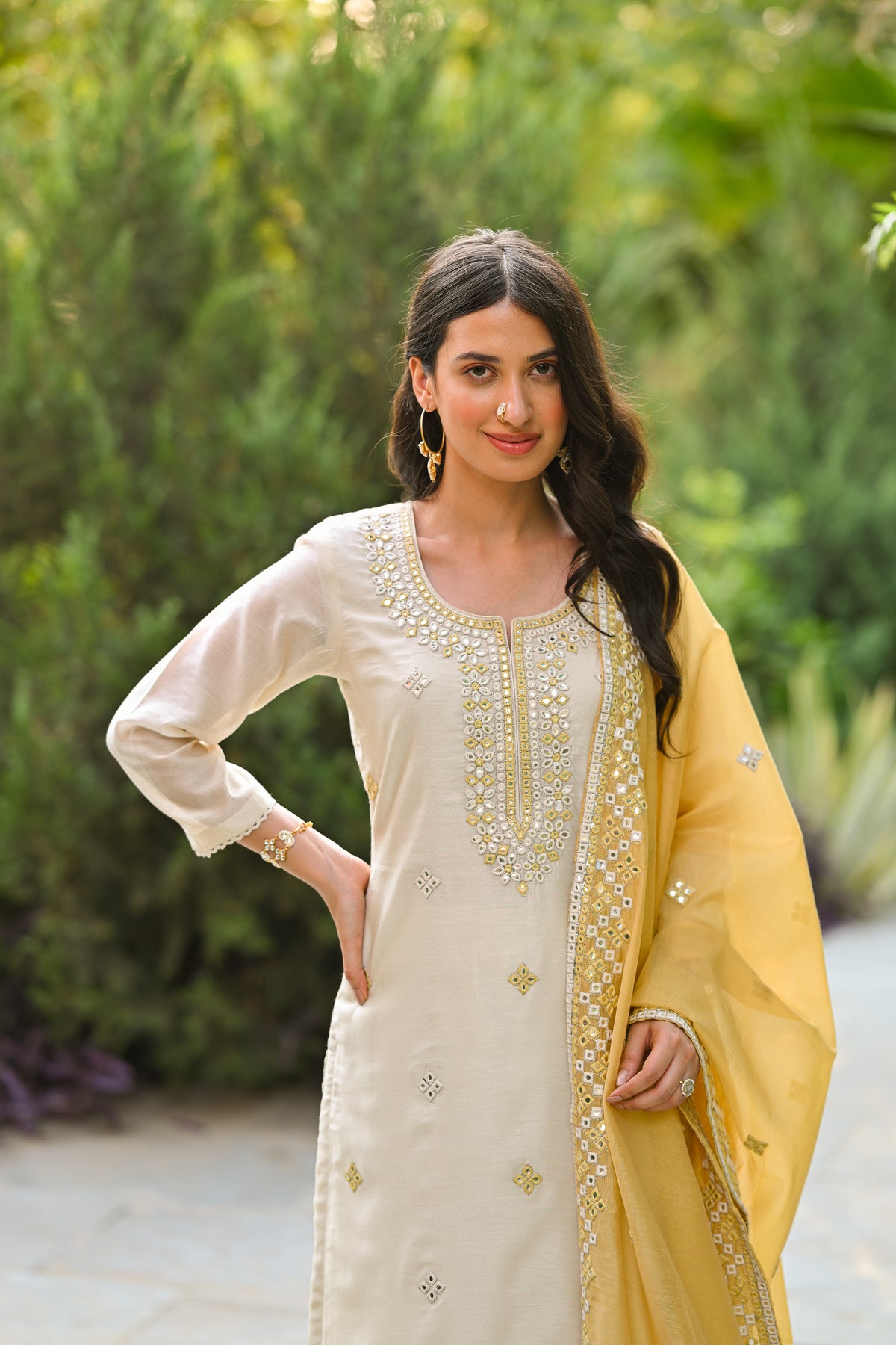 Off White Aarzoo Chanderi Suit Set with Mirror and Thread Work and Yellow Dupatta
