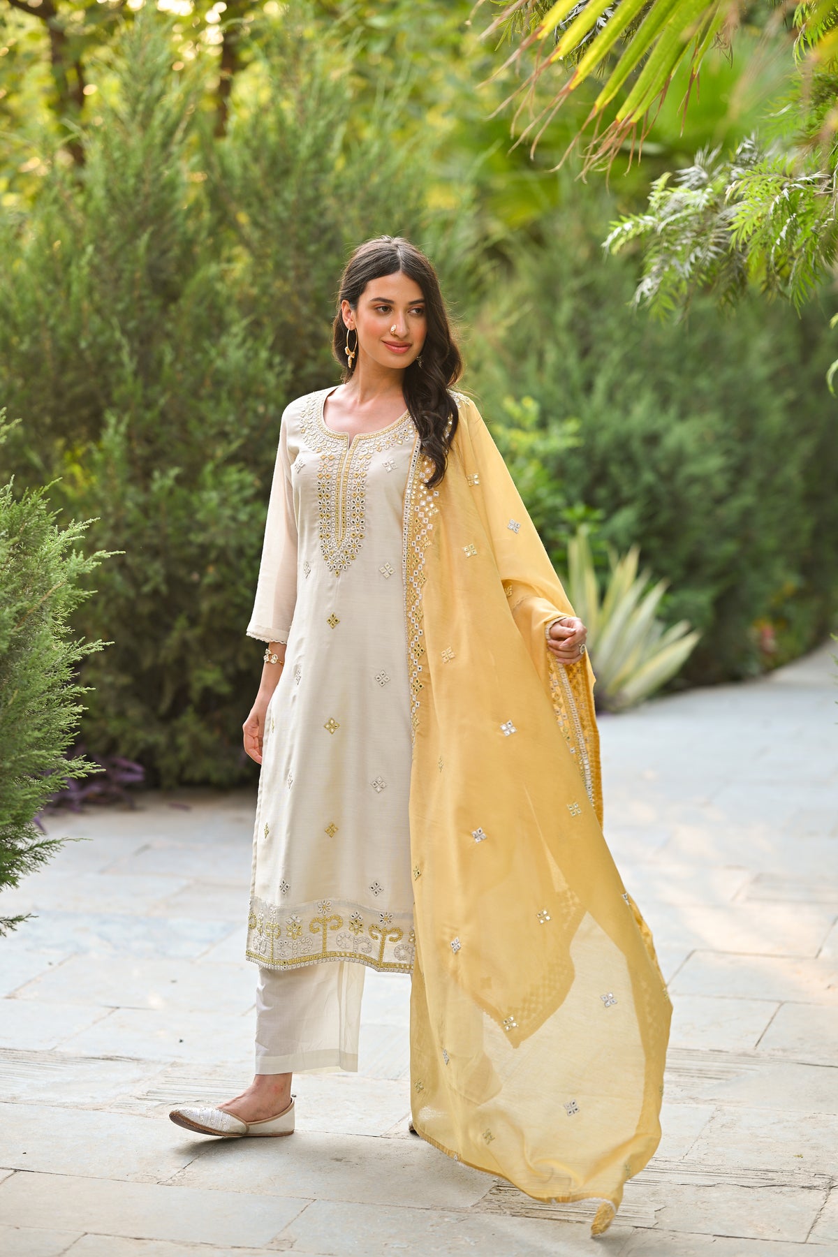 Off White Aarzoo Chanderi Suit Set with Mirror and Thread Work and Yellow Dupatta
