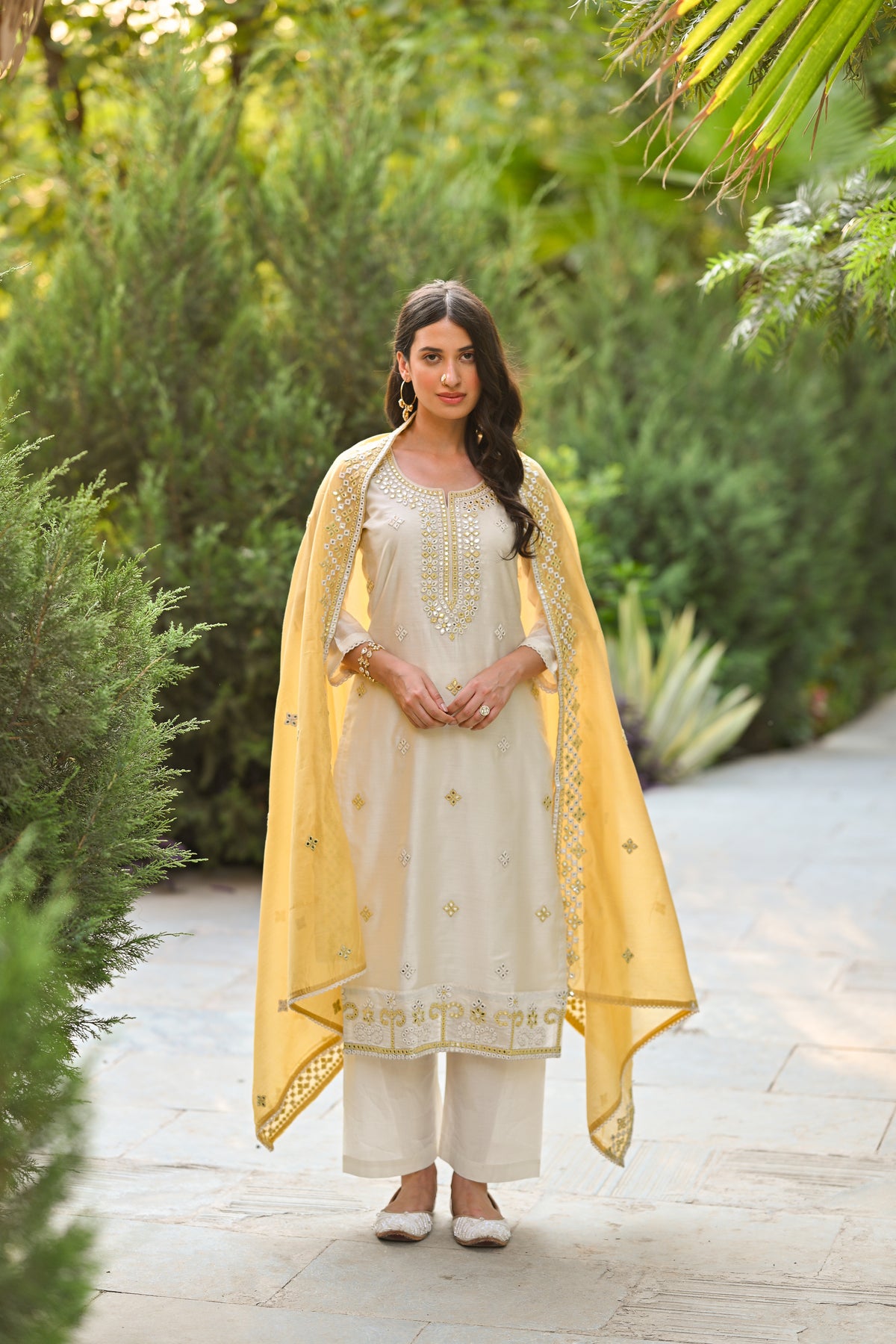 Off White Aarzoo Chanderi Suit Set with Mirror and Thread Work and Yellow Dupatta