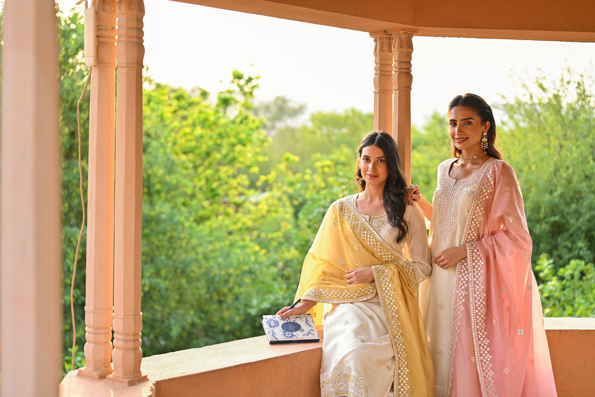 Off White Aarzoo Chanderi Suit Set with Mirror and Thread Work and Yellow Dupatta