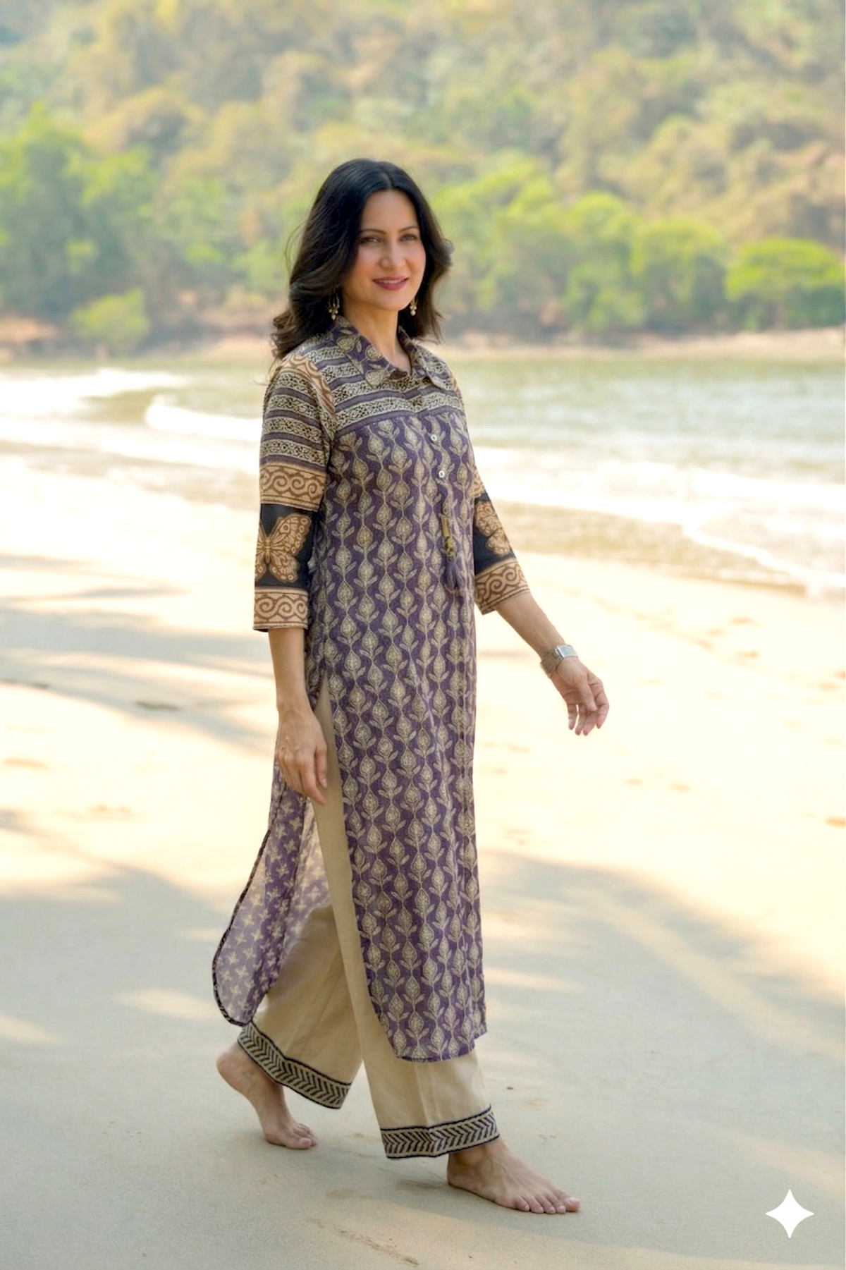 Purple and Blue Vayu Mul Chanderi Block Print Kurta Set