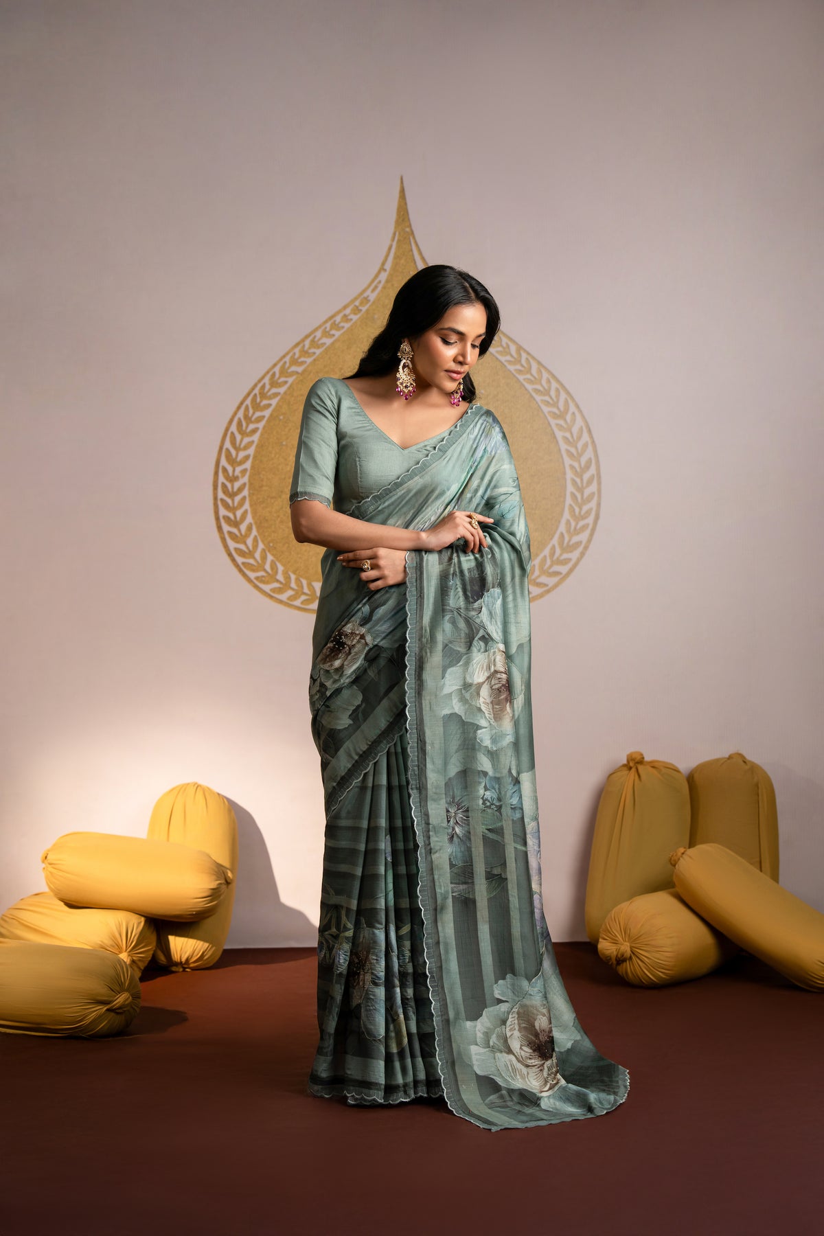 Green and Purple Pure muslin Scallope Border with Pearl Work Saree