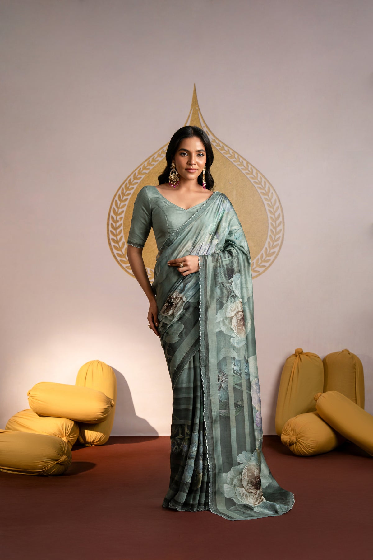 Green and Purple Pure muslin Scallope Border with Pearl Work Saree