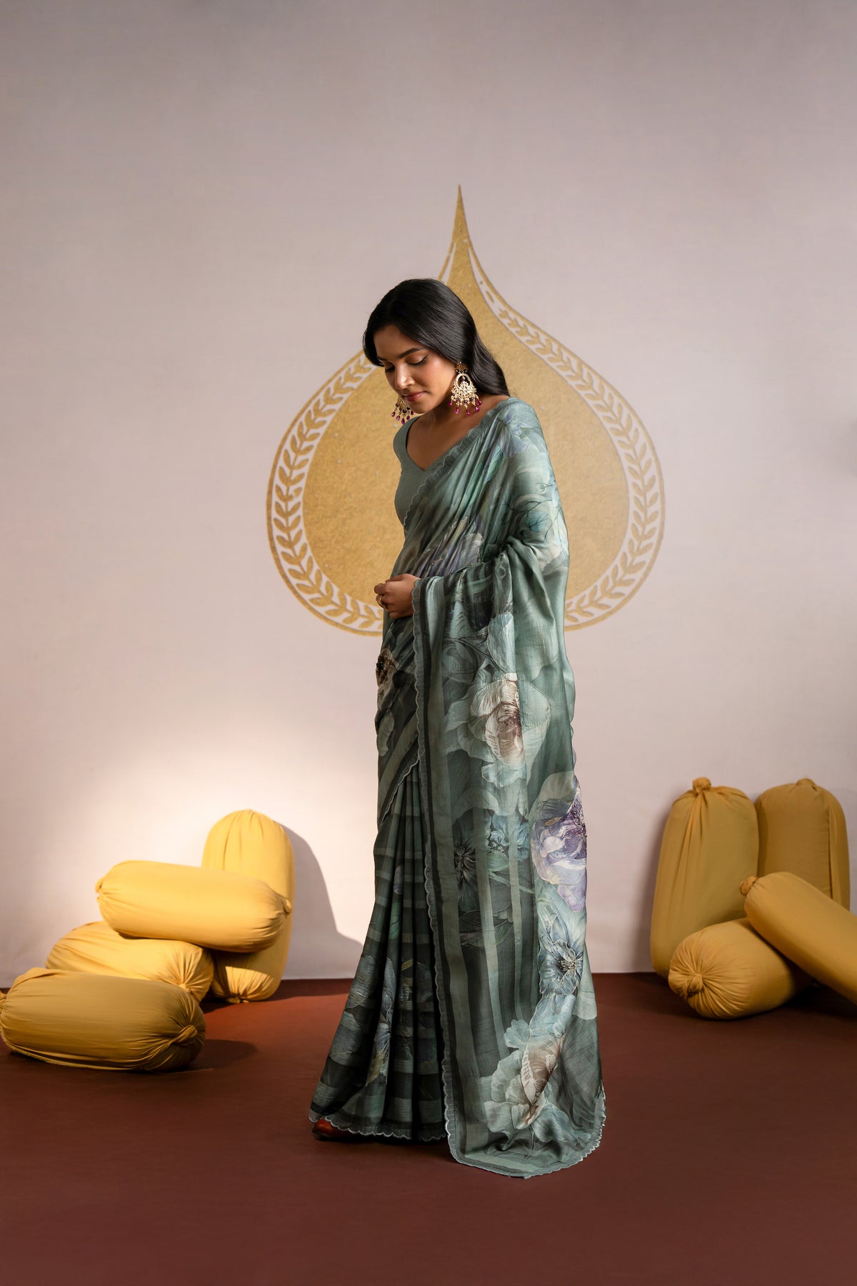 Green and Purple Pure muslin Scallope Border with Pearl Work Saree