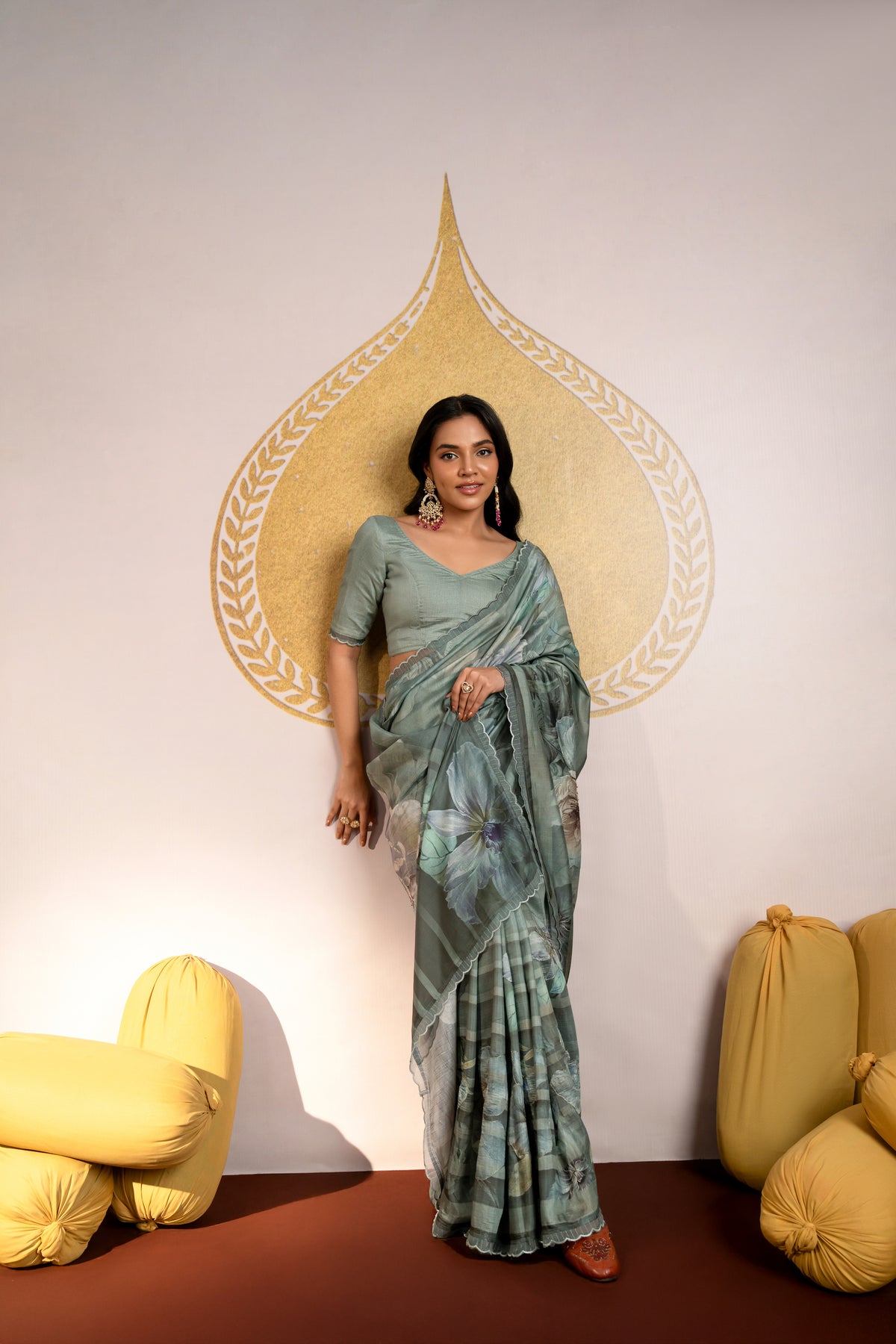 Green and Purple Pure muslin Scallope Border with Pearl Work Saree