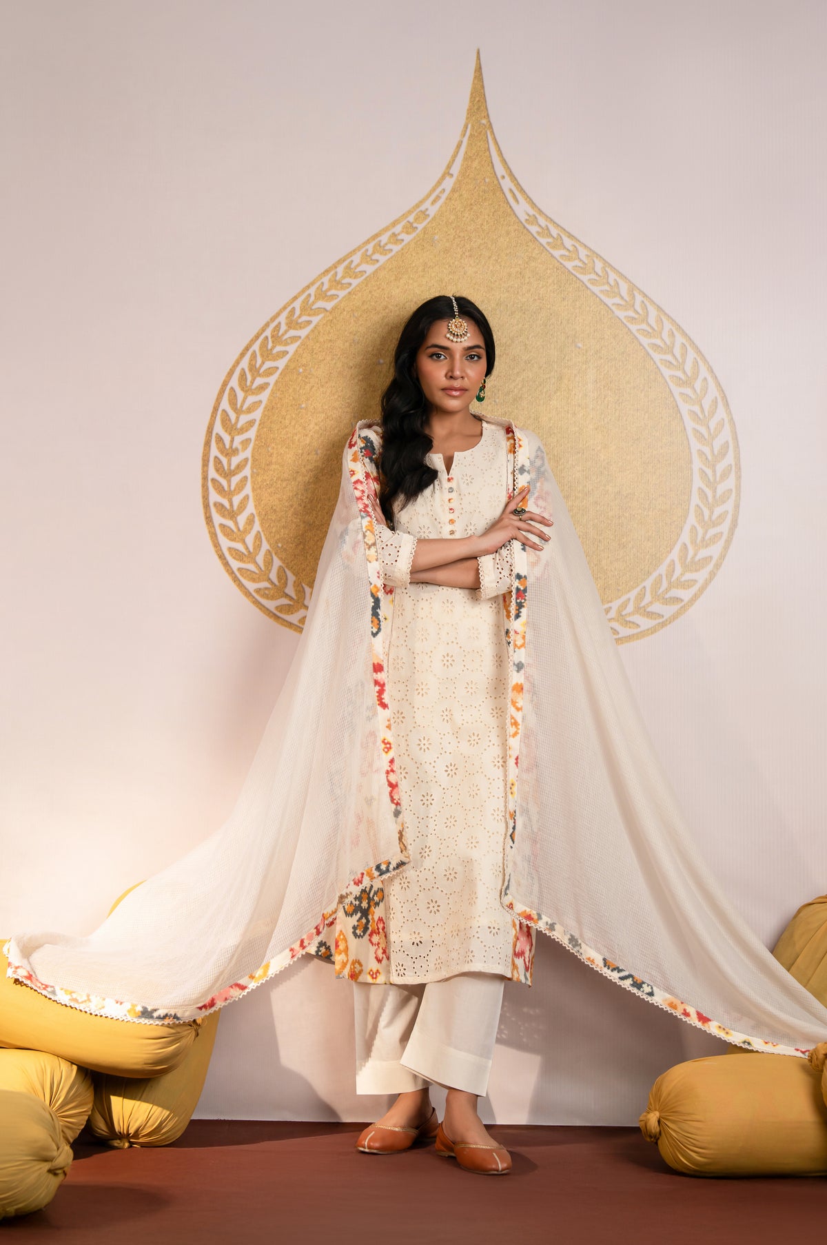 Off White Chiffli Cotton Suit Set with Side Panel Printing