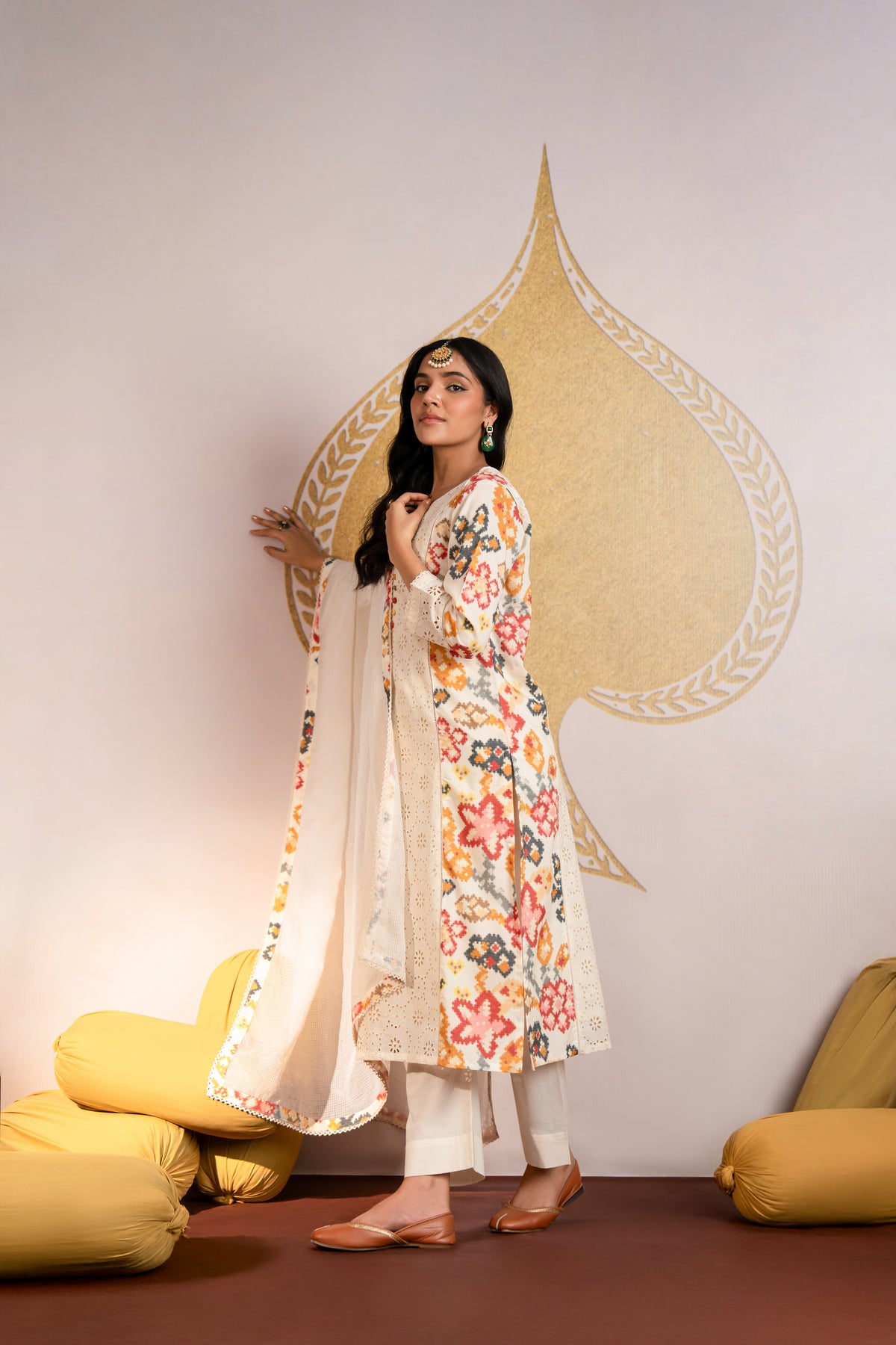 Off White Chiffli Cotton Suit Set with Side Panel Printing