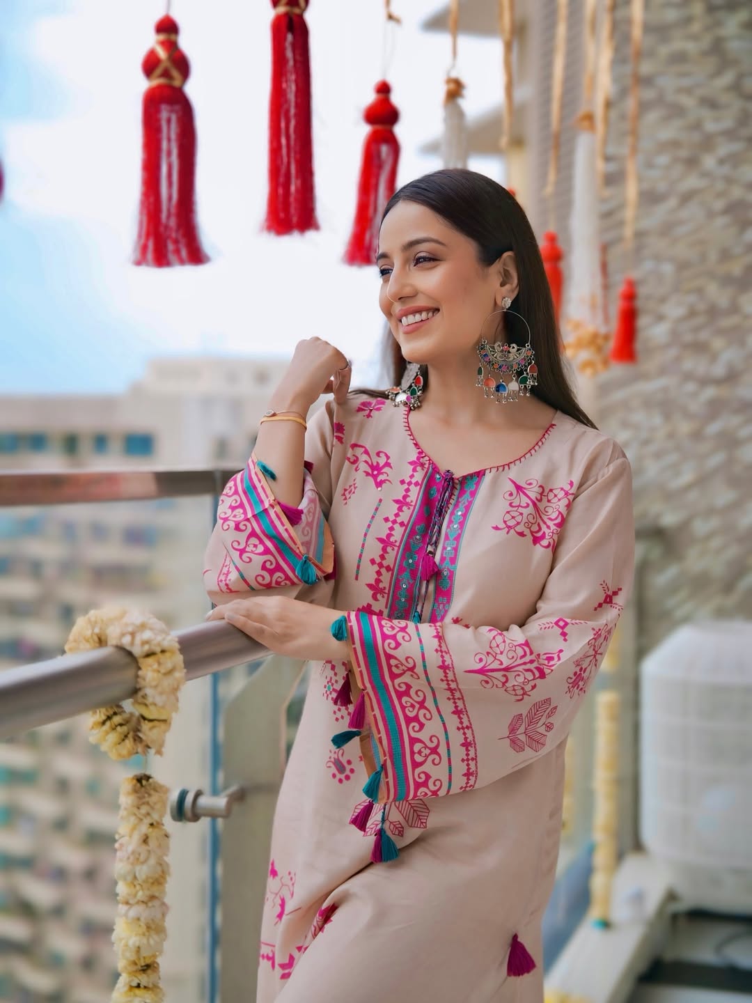 Srishty Rode in Beige Abstract Print Kurta Set with Tassels