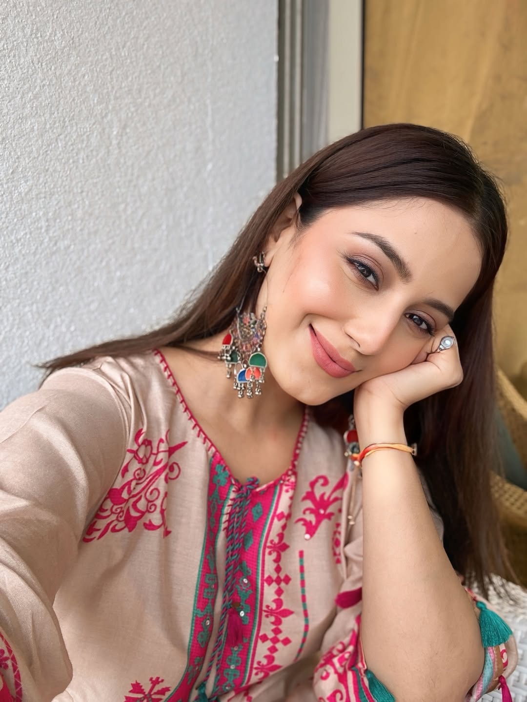 Srishty Rode in Beige Abstract Print Kurta Set with Tassels