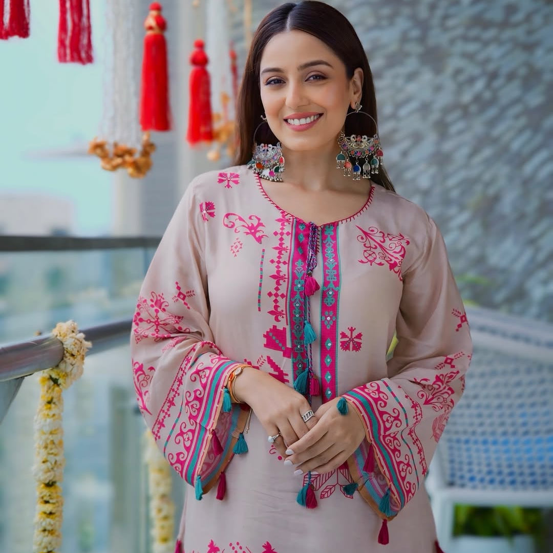 Srishty Rode in Beige Abstract Print Kurta Set with Tassels