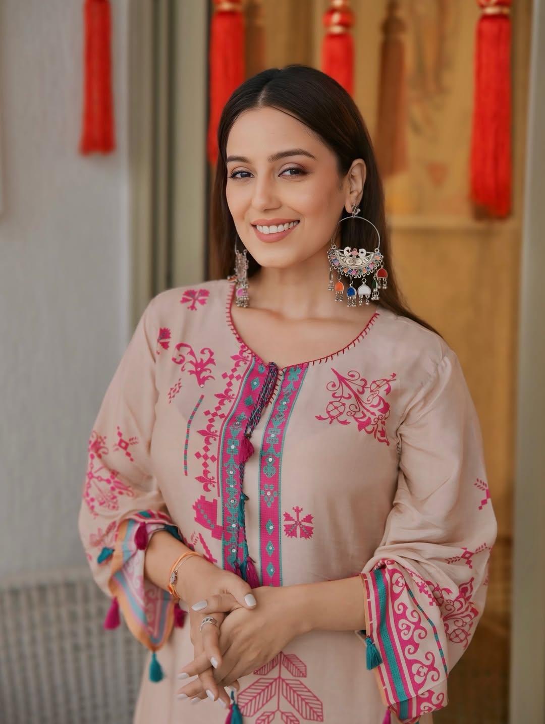 Srishty Rode in Beige Abstract Print Kurta Set with Tassels