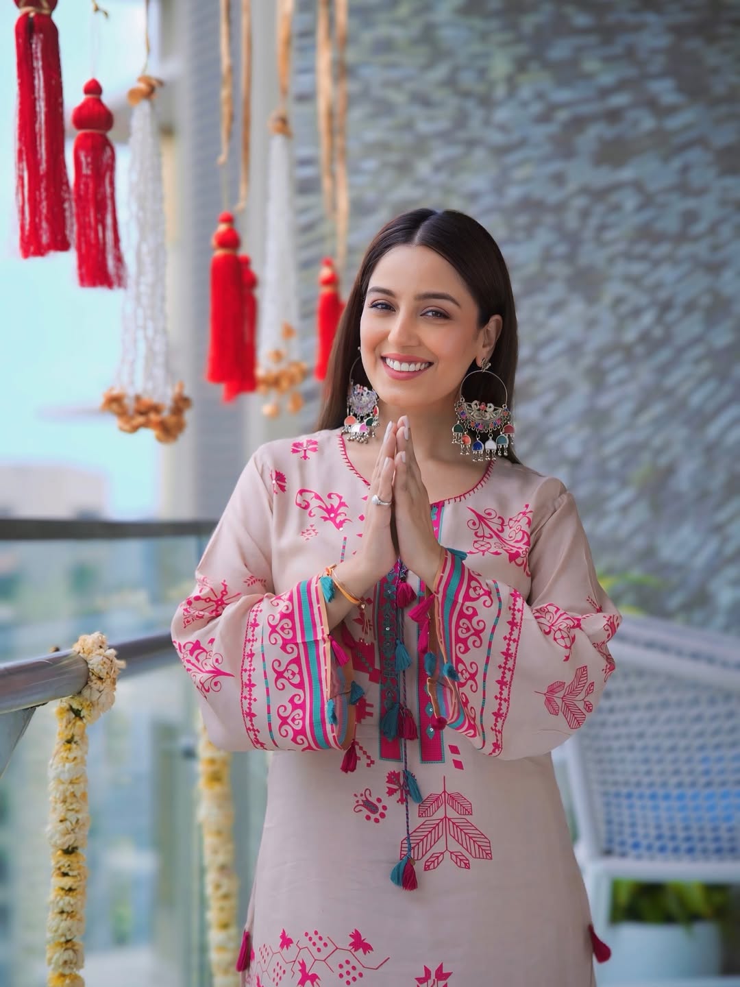 Srishty Rode in Beige Abstract Print Kurta Set with Tassels