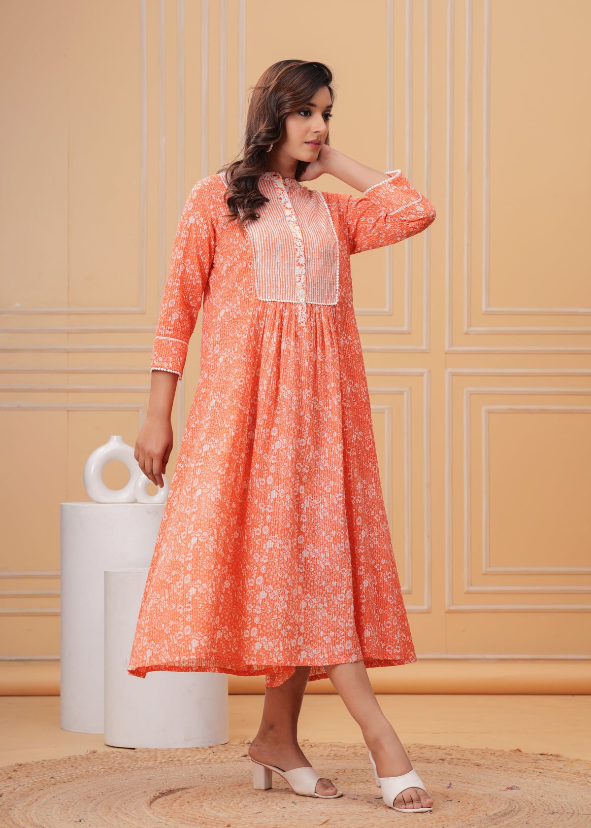 Peach Floral Cotton Dress