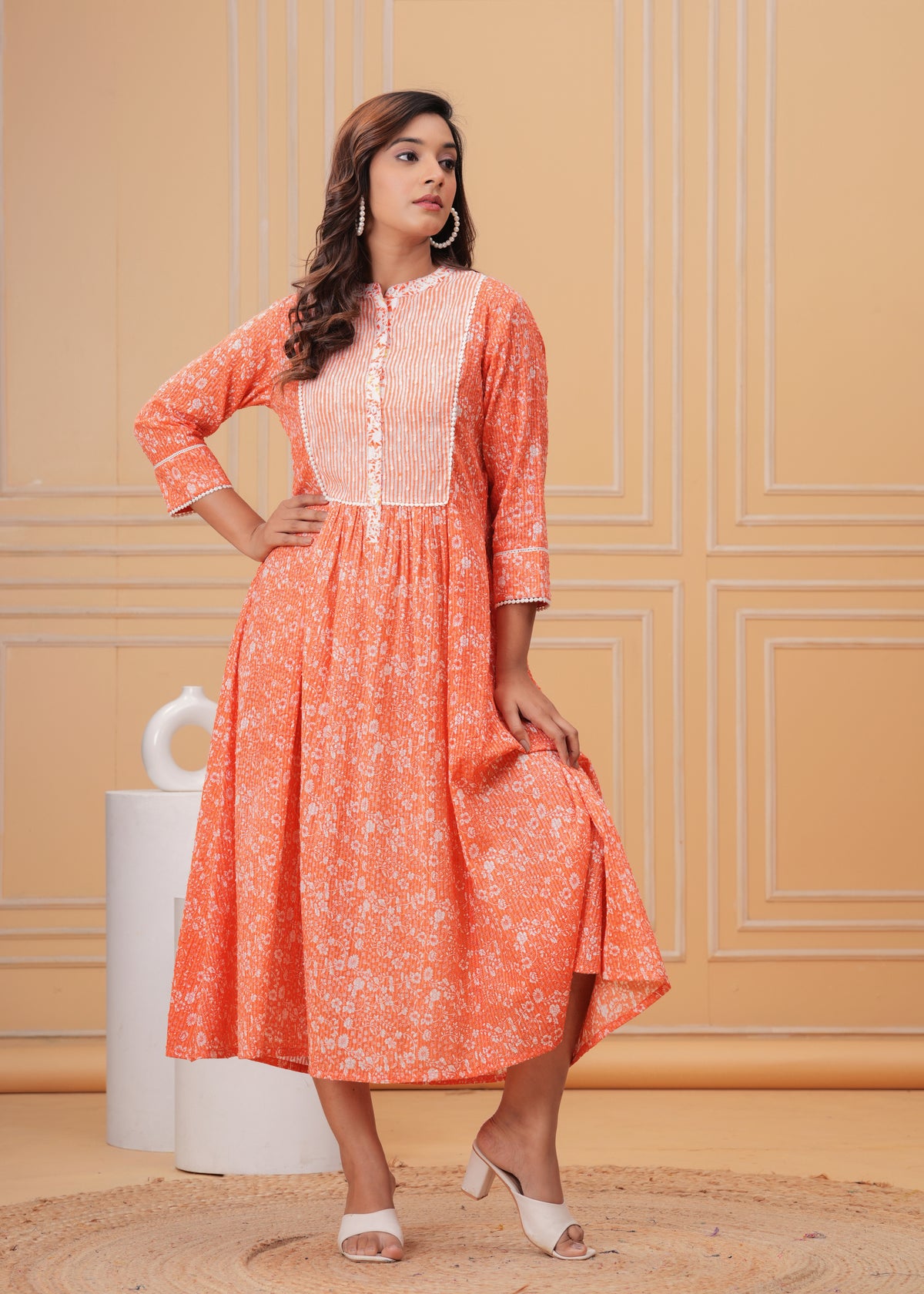 Peach Floral Cotton Dress