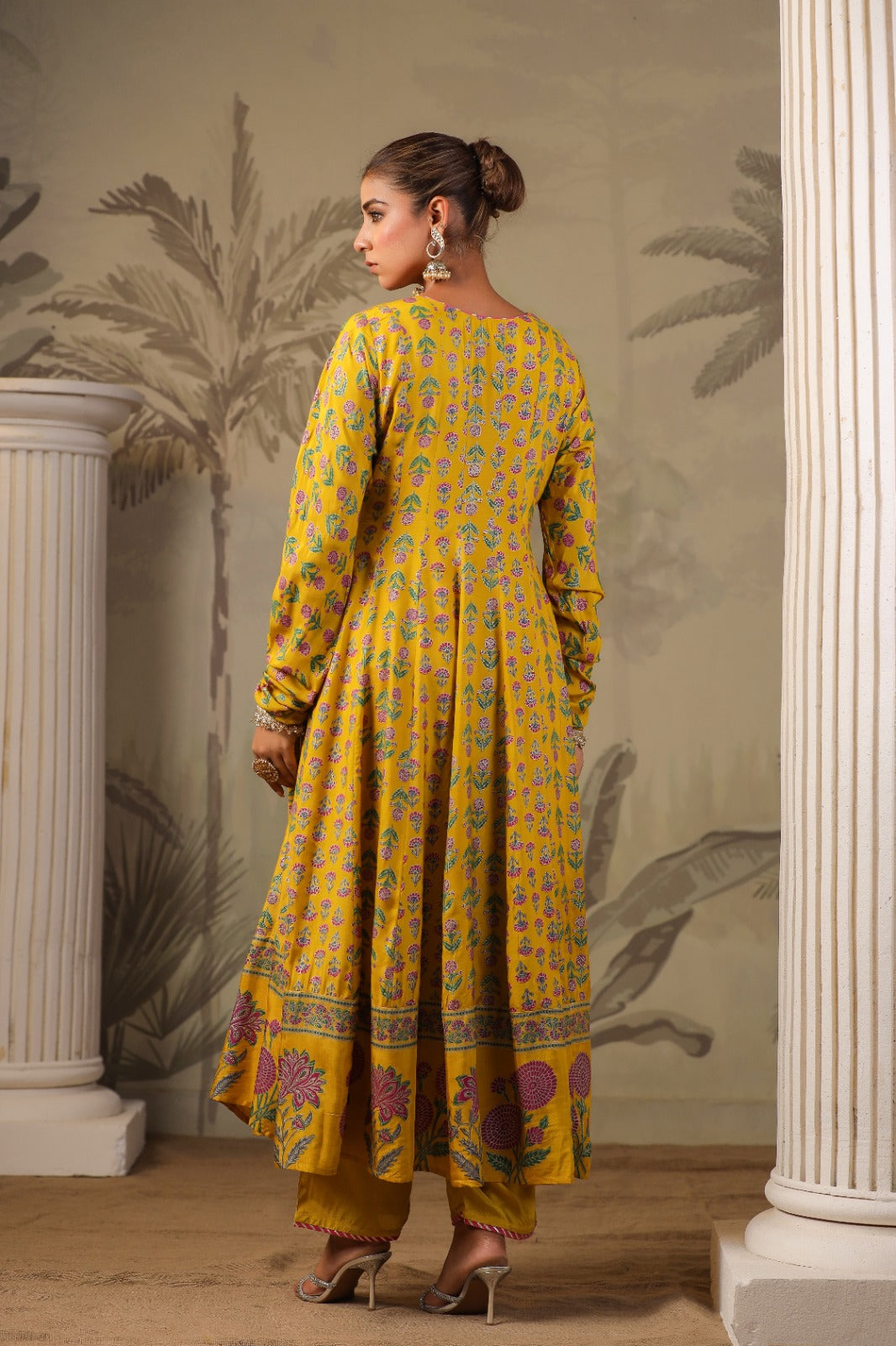 Yellow Block Print Mughal Print Muslin Anarkali Suit Set