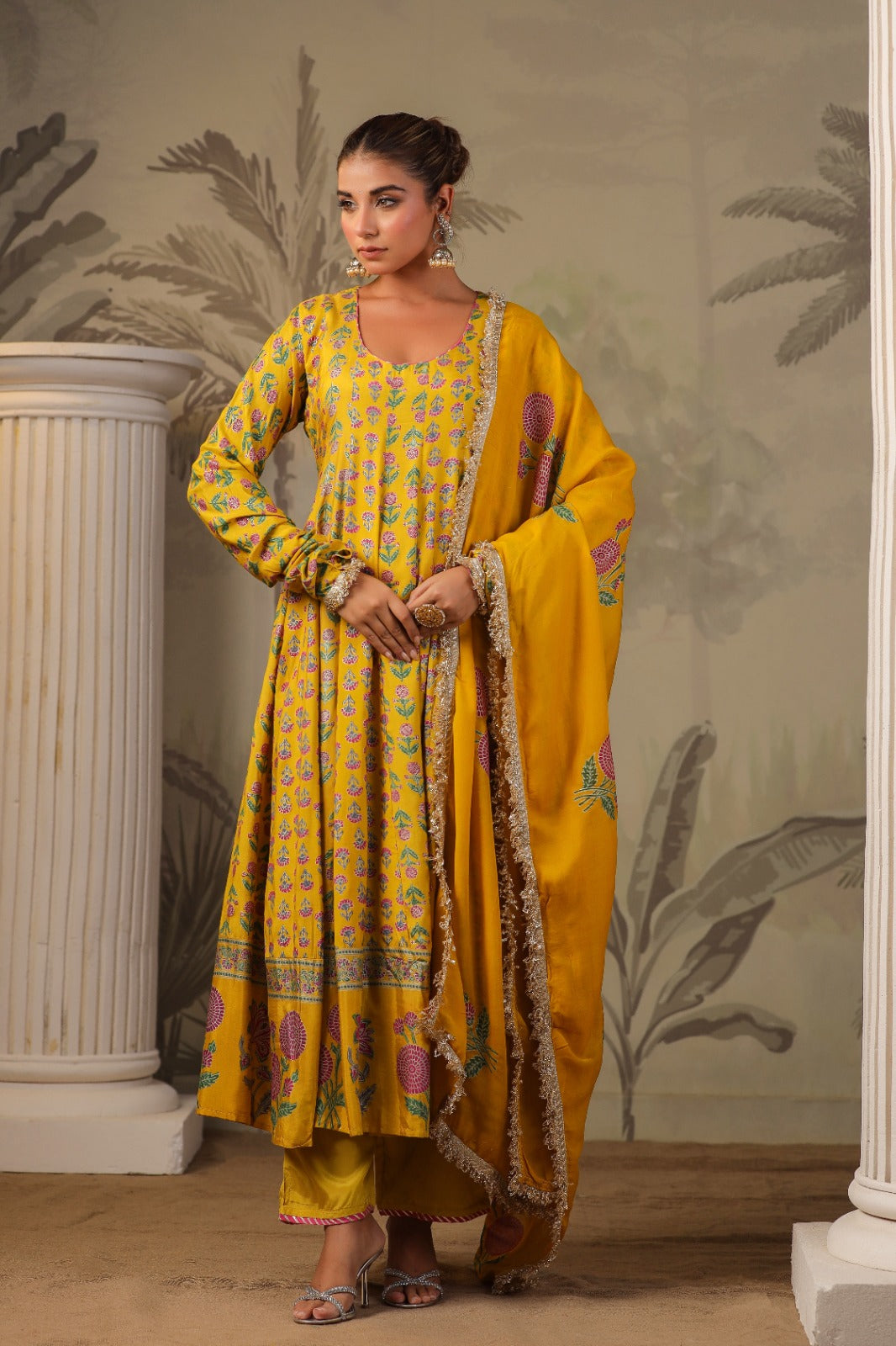 Yellow Block Print Mughal Print Muslin Anarkali Suit Set
