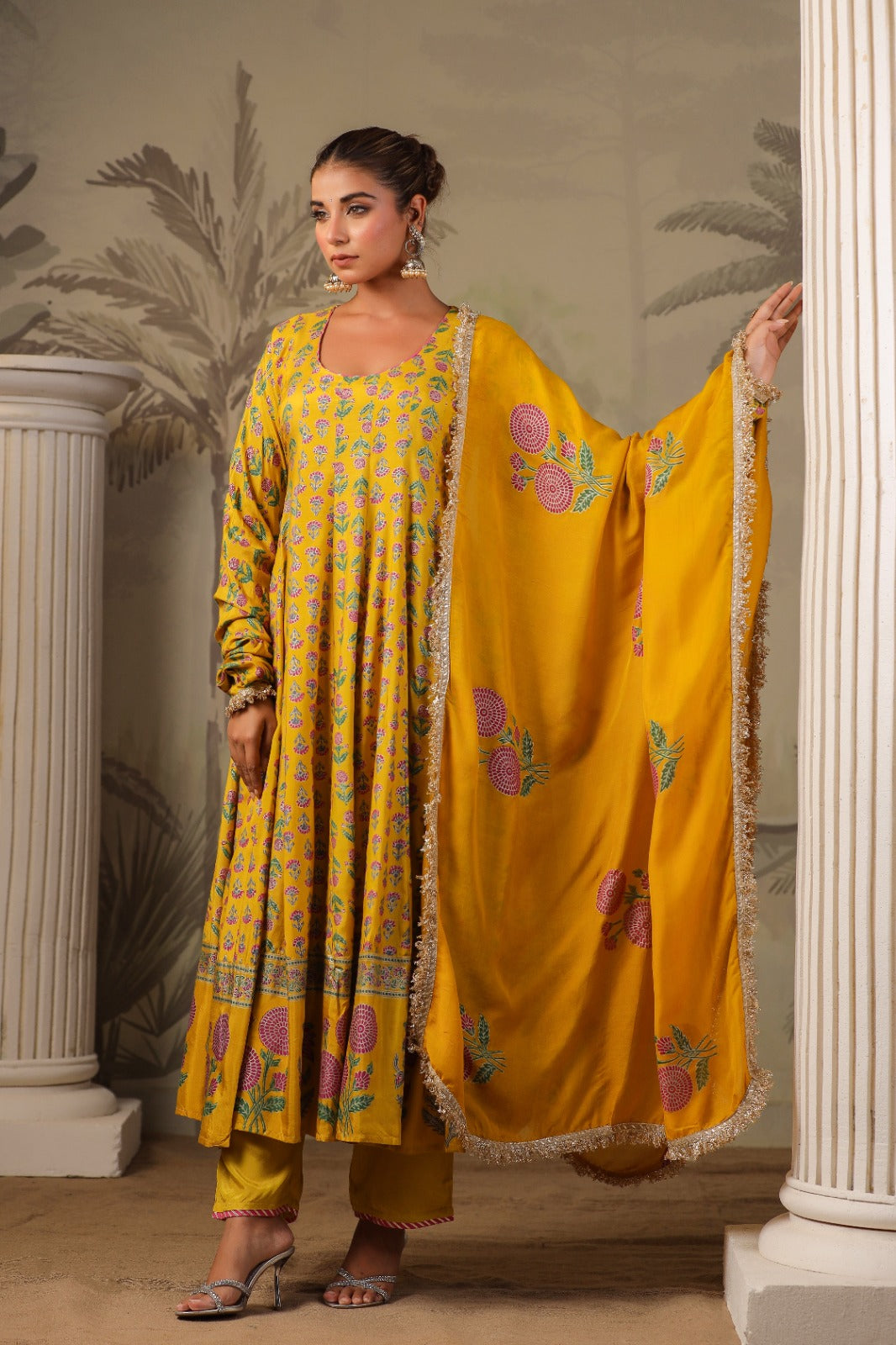 Yellow Block Print Mughal Print Muslin Anarkali Suit Set