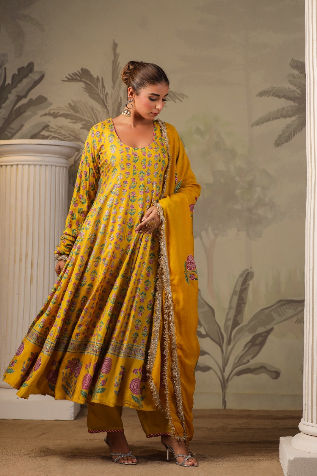 Yellow Block Print Mughal Print Muslin Anarkali Suit Set
