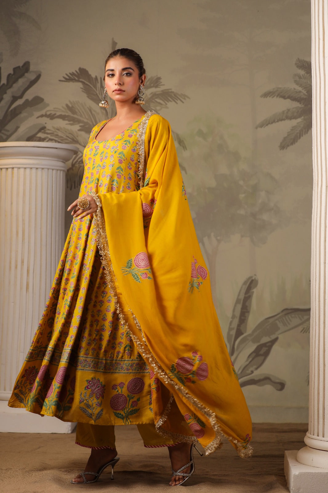Yellow Block Print Mughal Print Muslin Anarkali Suit Set