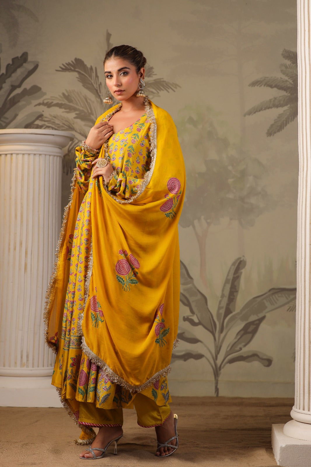 Yellow Block Print Mughal Print Muslin Anarkali Suit Set