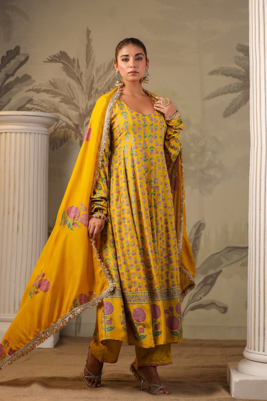 Yellow Block Print Mughal Print Muslin Anarkali Suit Set
