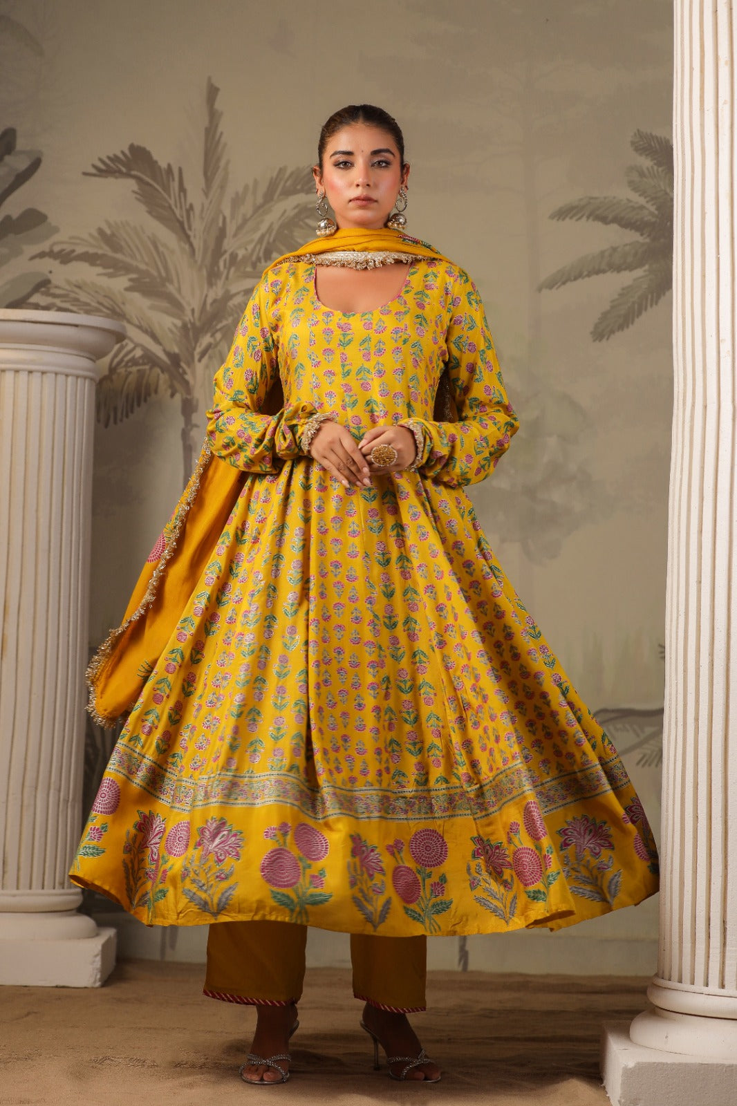 Yellow Block Print Mughal Print Muslin Anarkali Suit Set