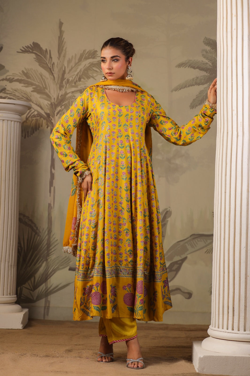 Yellow Block Print Mughal Print Muslin Anarkali Suit Set