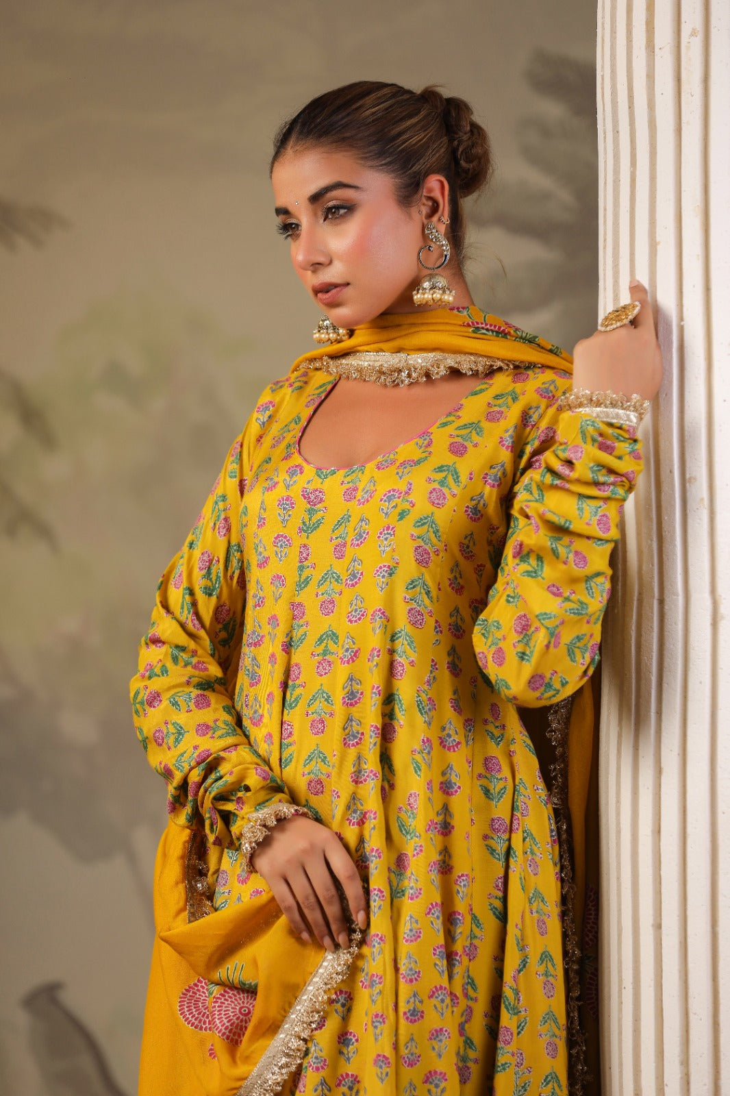 Yellow Block Print Mughal Print Muslin Anarkali Suit Set