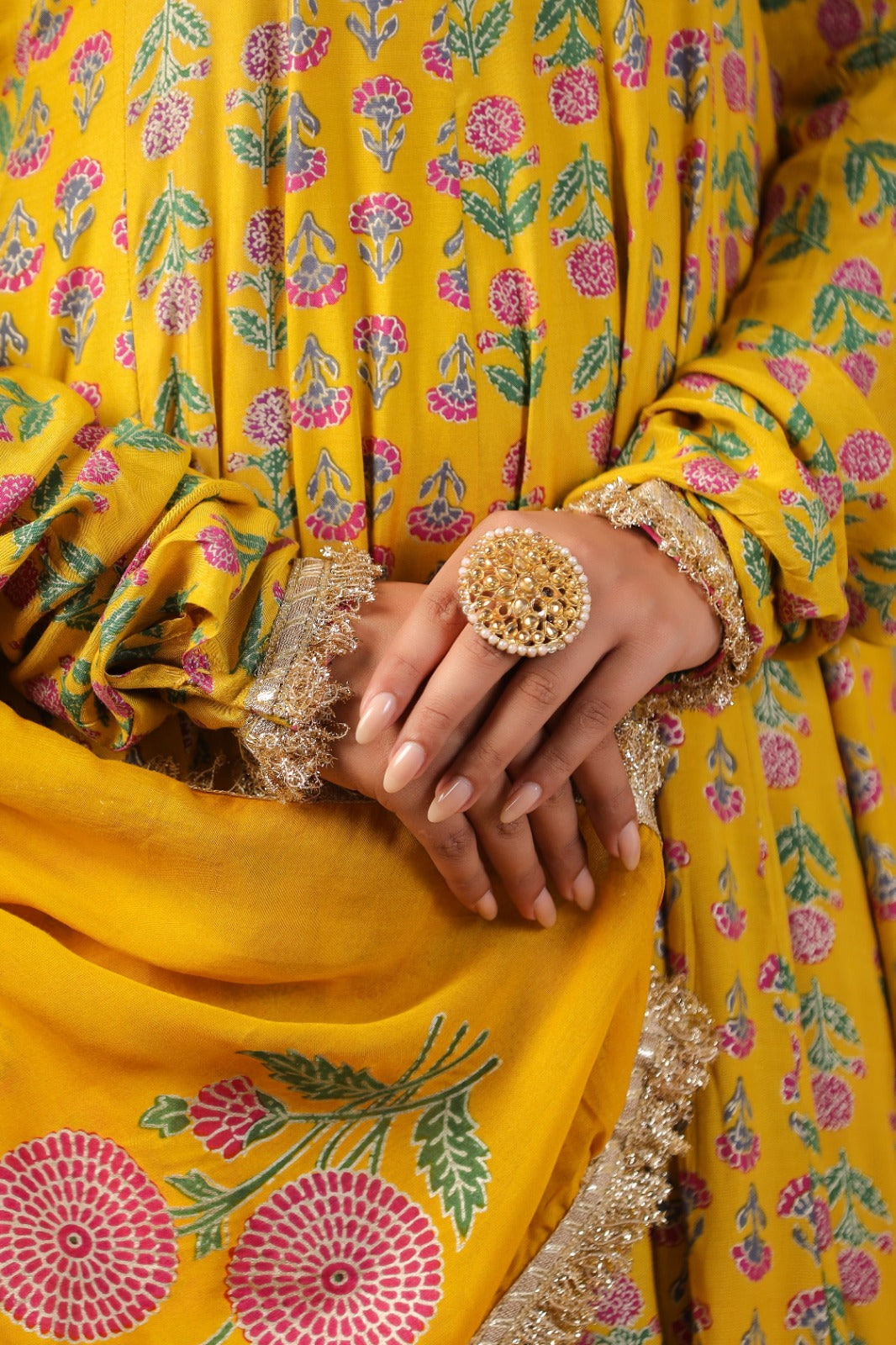 Yellow Block Print Mughal Print Muslin Anarkali Suit Set