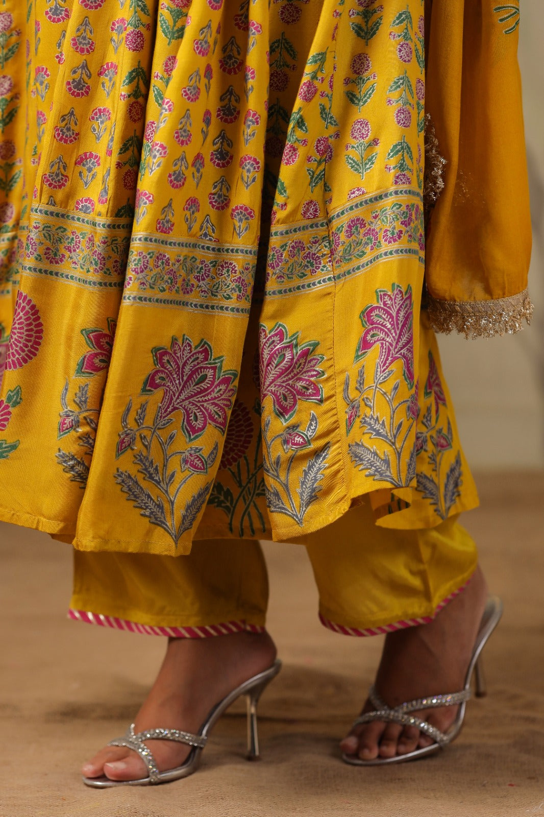 Yellow Block Print Mughal Print Muslin Anarkali Suit Set