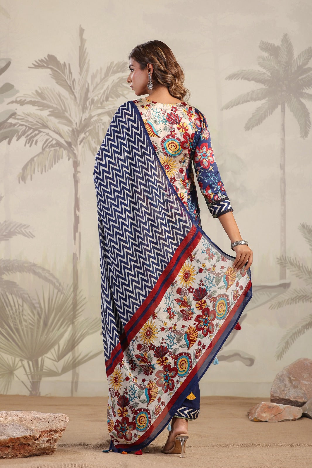 Blue block and floral print panel pattern v neck gajji silk suit set with chiffon dupatta