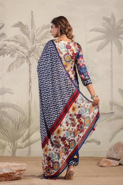 Blue block and floral print panel pattern v neck gajji silk suit set with chiffon dupatta