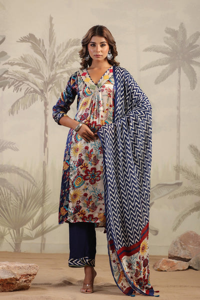 Blue block and floral print panel pattern v neck gajji silk suit set with chiffon dupatta