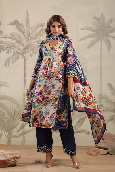 Blue block and floral print panel pattern v neck gajji silk suit set with chiffon dupatta