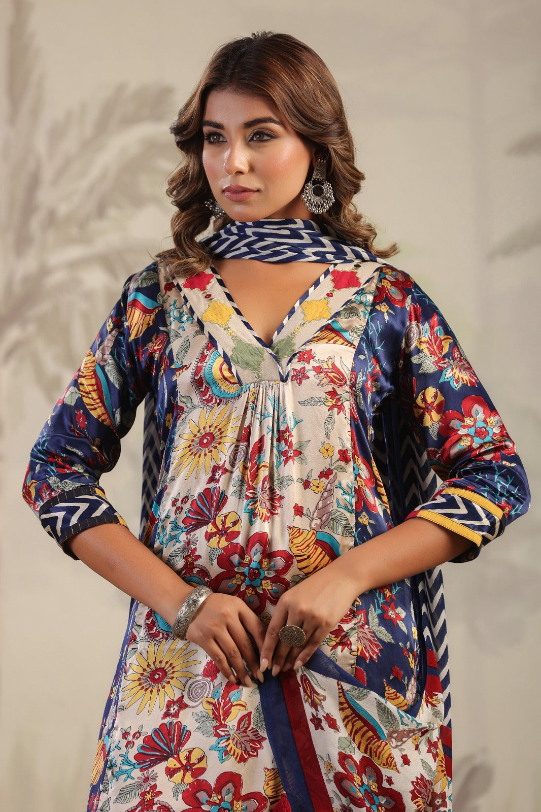 Blue block and floral print panel pattern v neck gajji silk suit set with chiffon dupatta