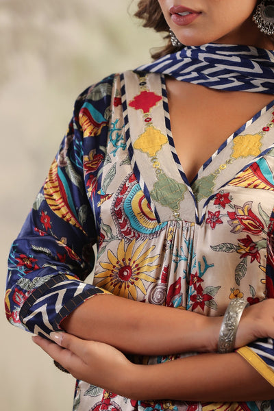 Blue block and floral print panel pattern v neck gajji silk suit set with chiffon dupatta