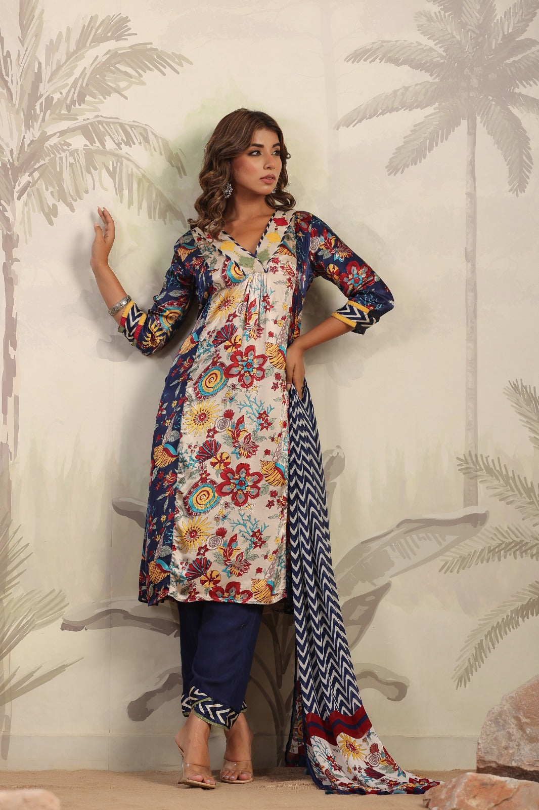 Blue block and floral print panel pattern v neck gajji silk suit set with chiffon dupatta