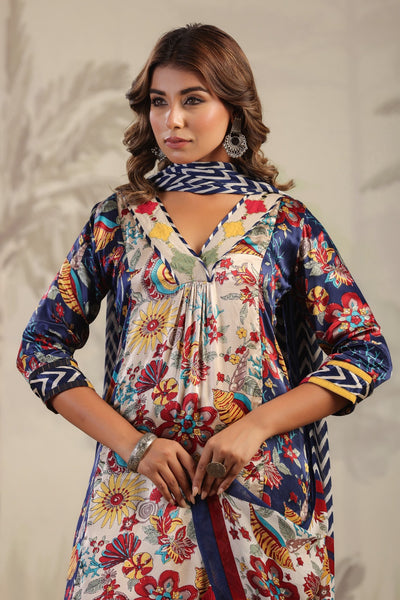 Blue block and floral print panel pattern v neck gajji silk suit set with chiffon dupatta