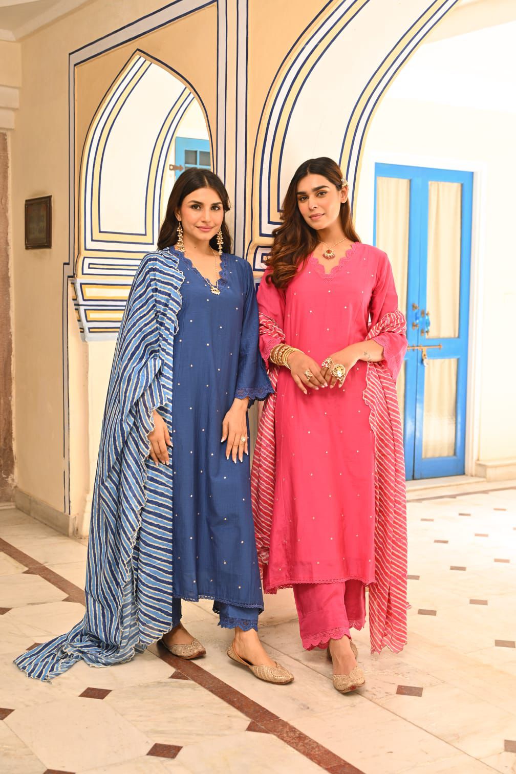Punch Pink Pure Mul Chanderi Scattered Gota Work with Lace A Line Kurta and Pant and Scallope Lehariya Dupatta