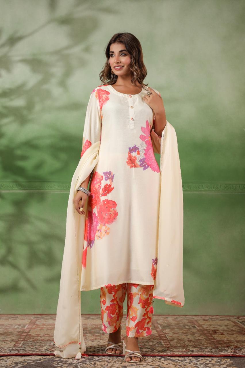 White floral placement print muslin suit set