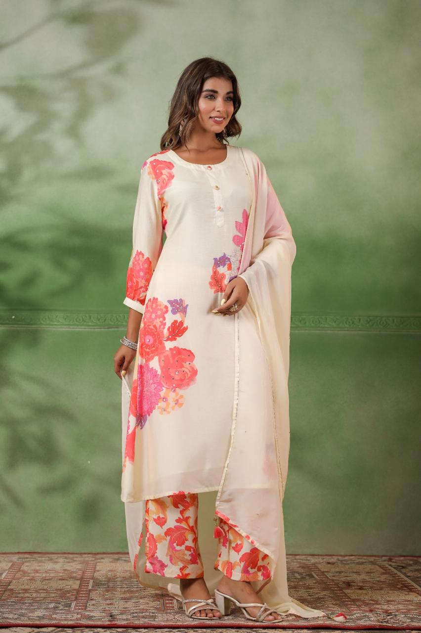 White floral placement print muslin suit set